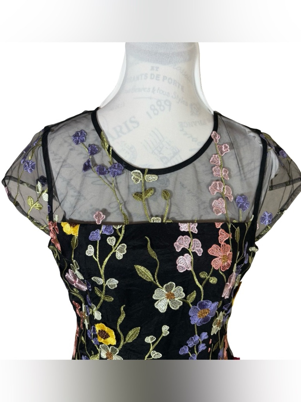 Black Floral Embroidered Mesh Dress 3D Flowers Spring Wedding Guest Dress - Picture 4 of 16